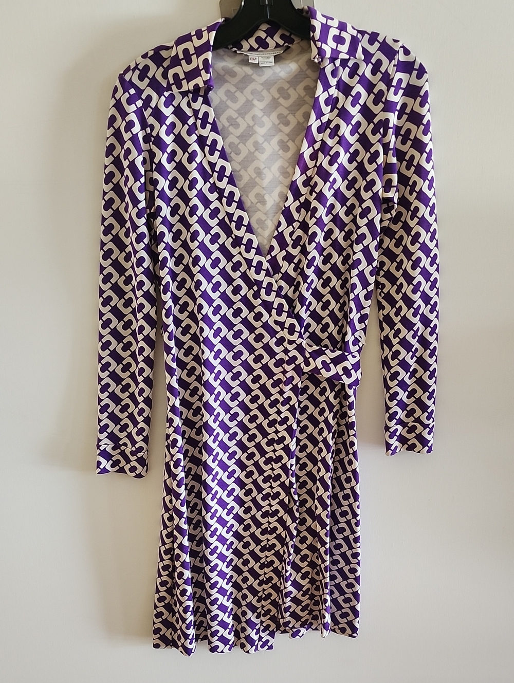 Diane Von Furstenberg Purple and Cream Geometric Wrap Dress - Long Sleeve